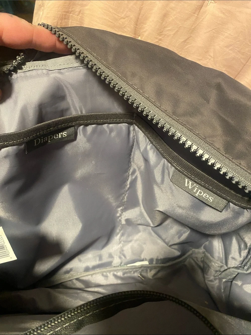 Gray diaper Bag with Brown Trim